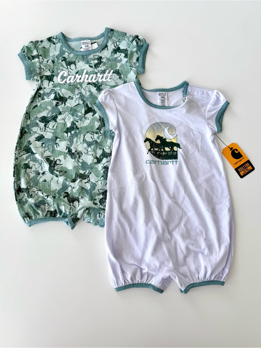 Carhartt Horse White and Sage Green Baby Romper Set, 100% Cotton, Size 18M